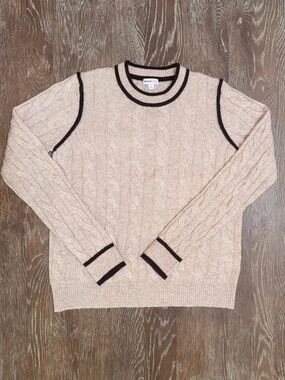 NWOT Minnie Rose Cashmere cableknit crewneck sweater Oatmeal w Brown trim Small